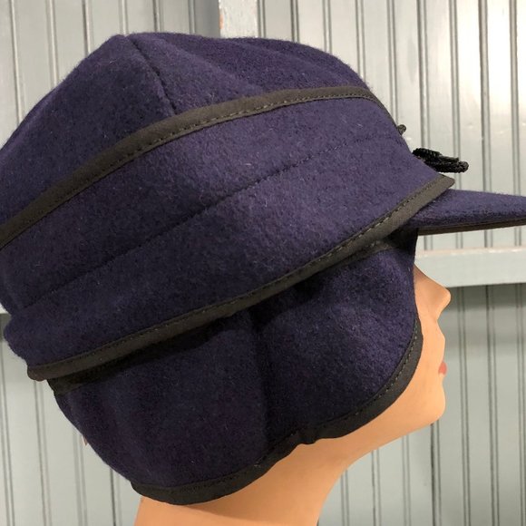 Wool Navy Blue VTG Railroad Langenberg Winter Made USA Ear Flaps Hat 7 7/8 - Picture 10 of 10